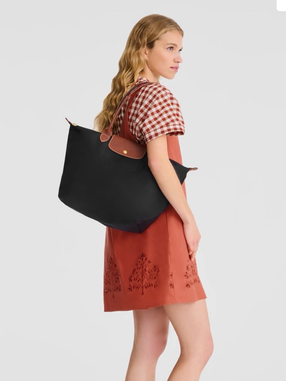 Longchamp Large Le Pliage Tote Black Nylon Brown Leather $180